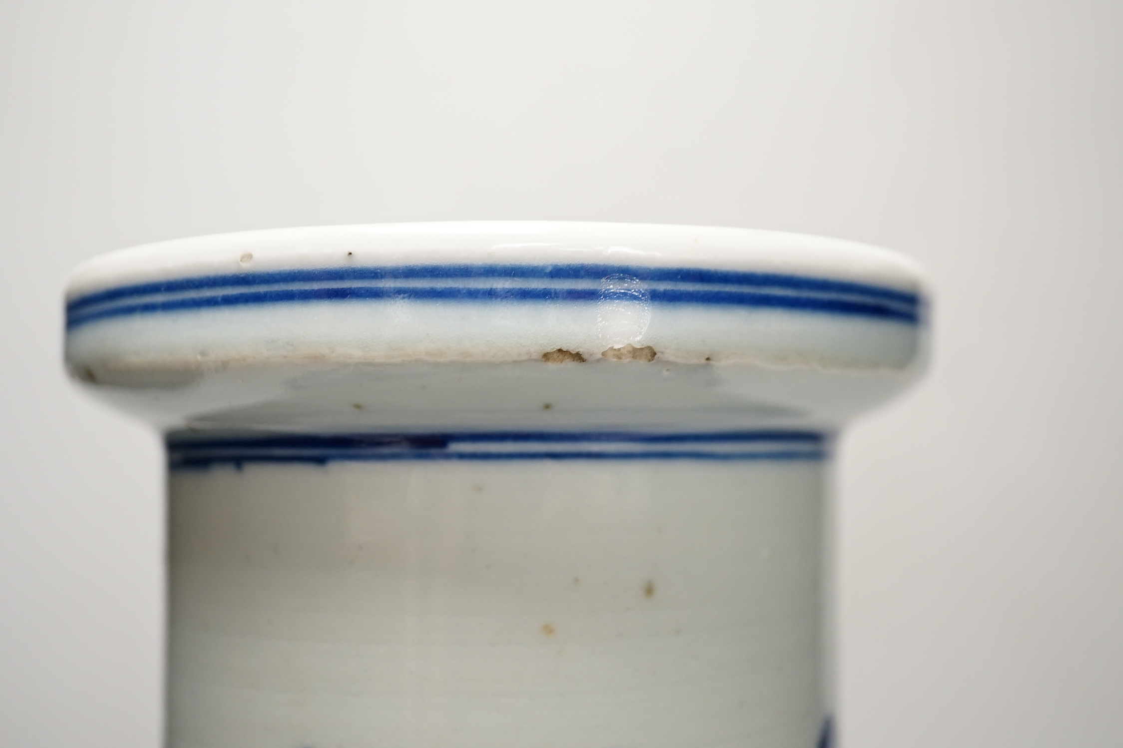 A Chinese blue and white rouleau vase painted with figures, 39cm (a.f.)